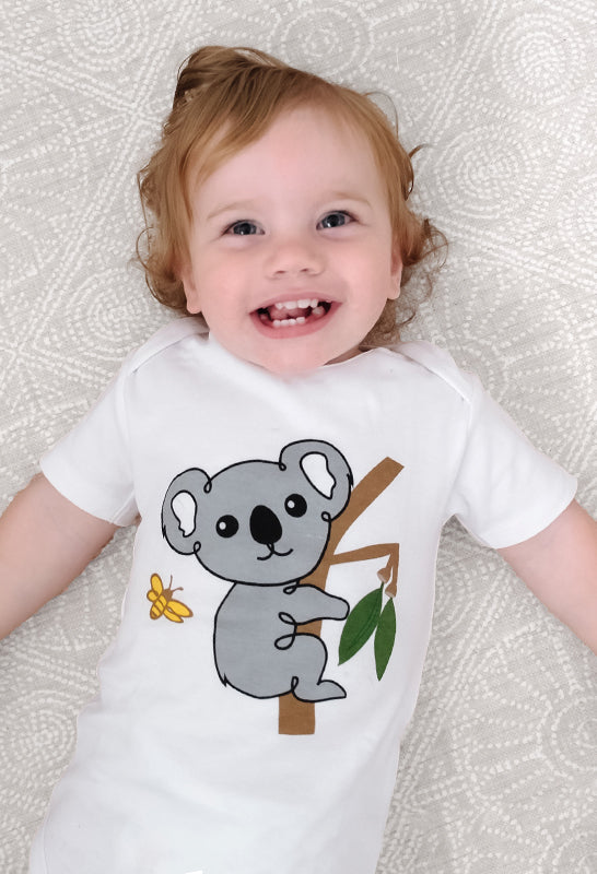 100% Organic Cotton Short Sleeve Baby Bodysuit - White Koala