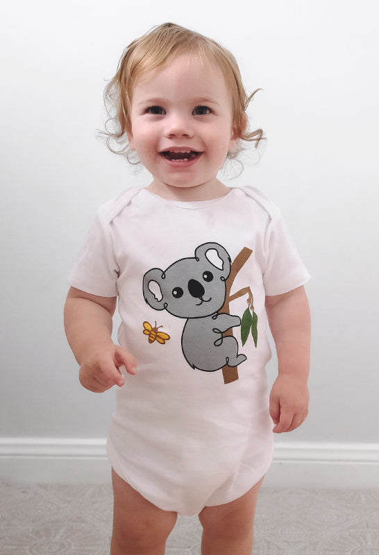 100% Organic Cotton Short Sleeve Baby Bodysuit - White Koala