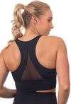 women's gymwear flattering long line padded sports bra with striking mesh back for breathability and style ideal as athleisure wear going to the gym working out pilates yoga or as loungwear