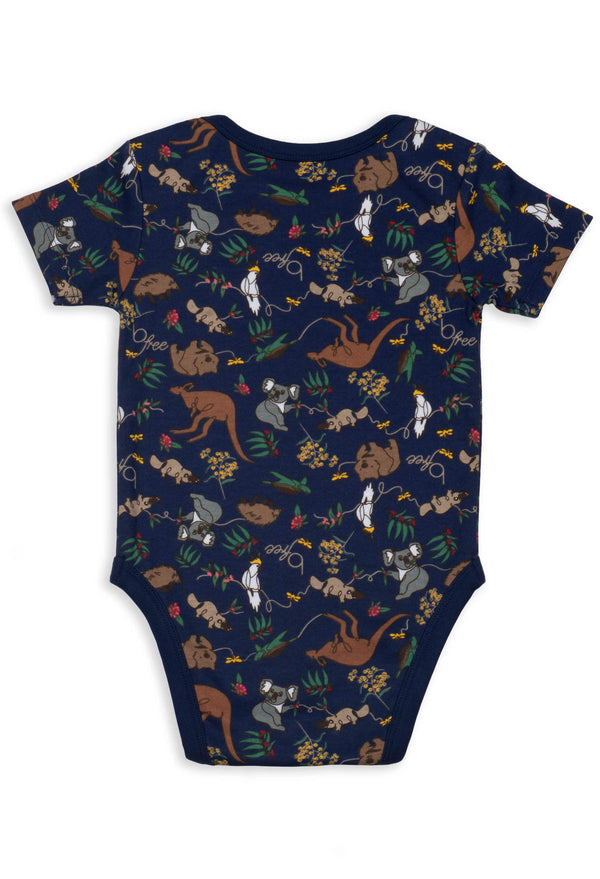 100% Organic Cotton Short Sleeve Baby Bodysuit - Navy Native Aussie Animals