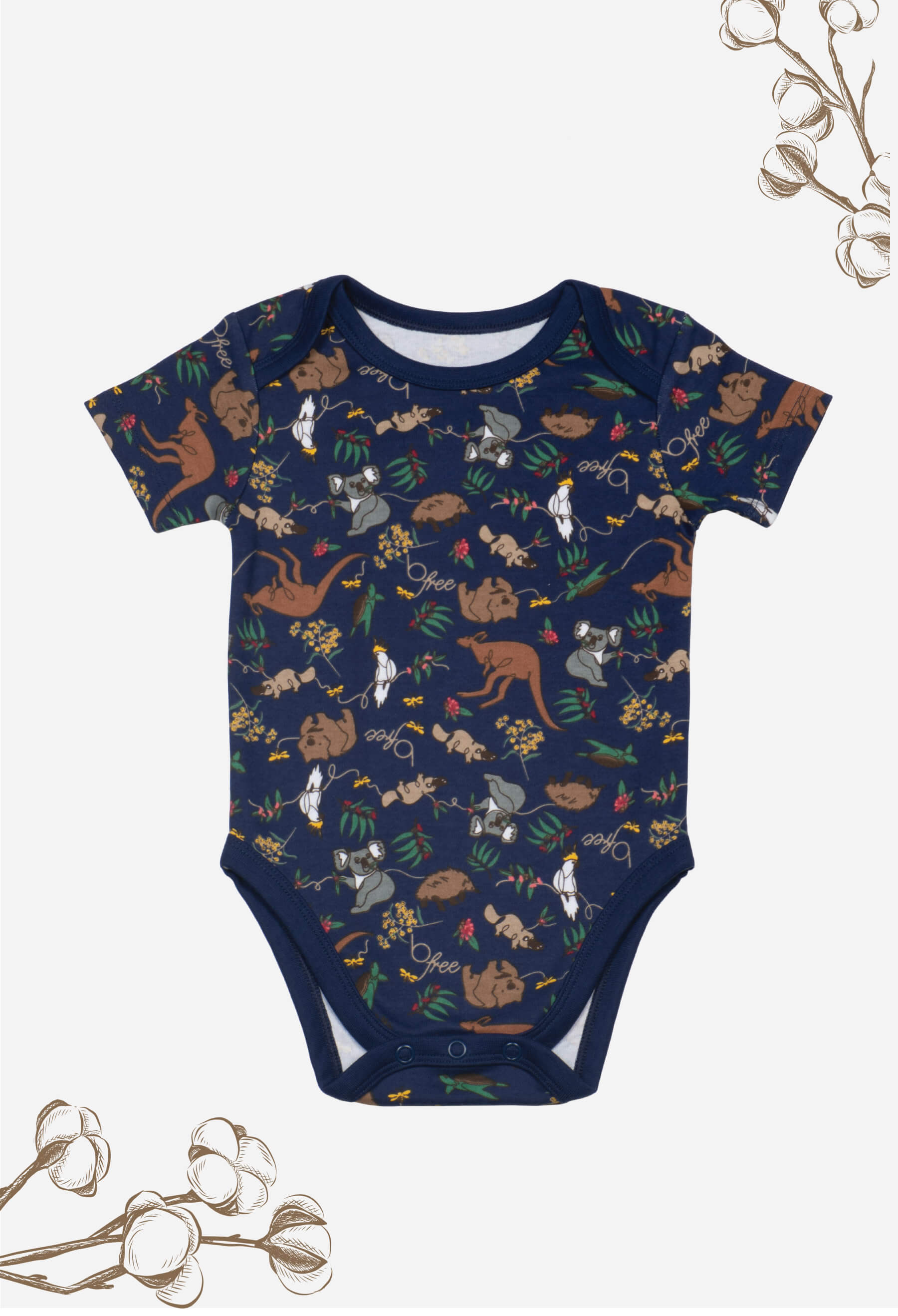 100% Organic Cotton Short Sleeve Baby Bodysuit - Navy Native Aussie Animals