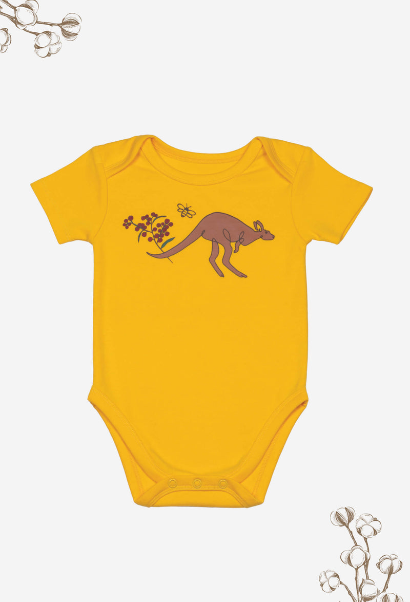 100% Organic Cotton Short Sleeve Baby Bodysuit - Yellow Kangaroo