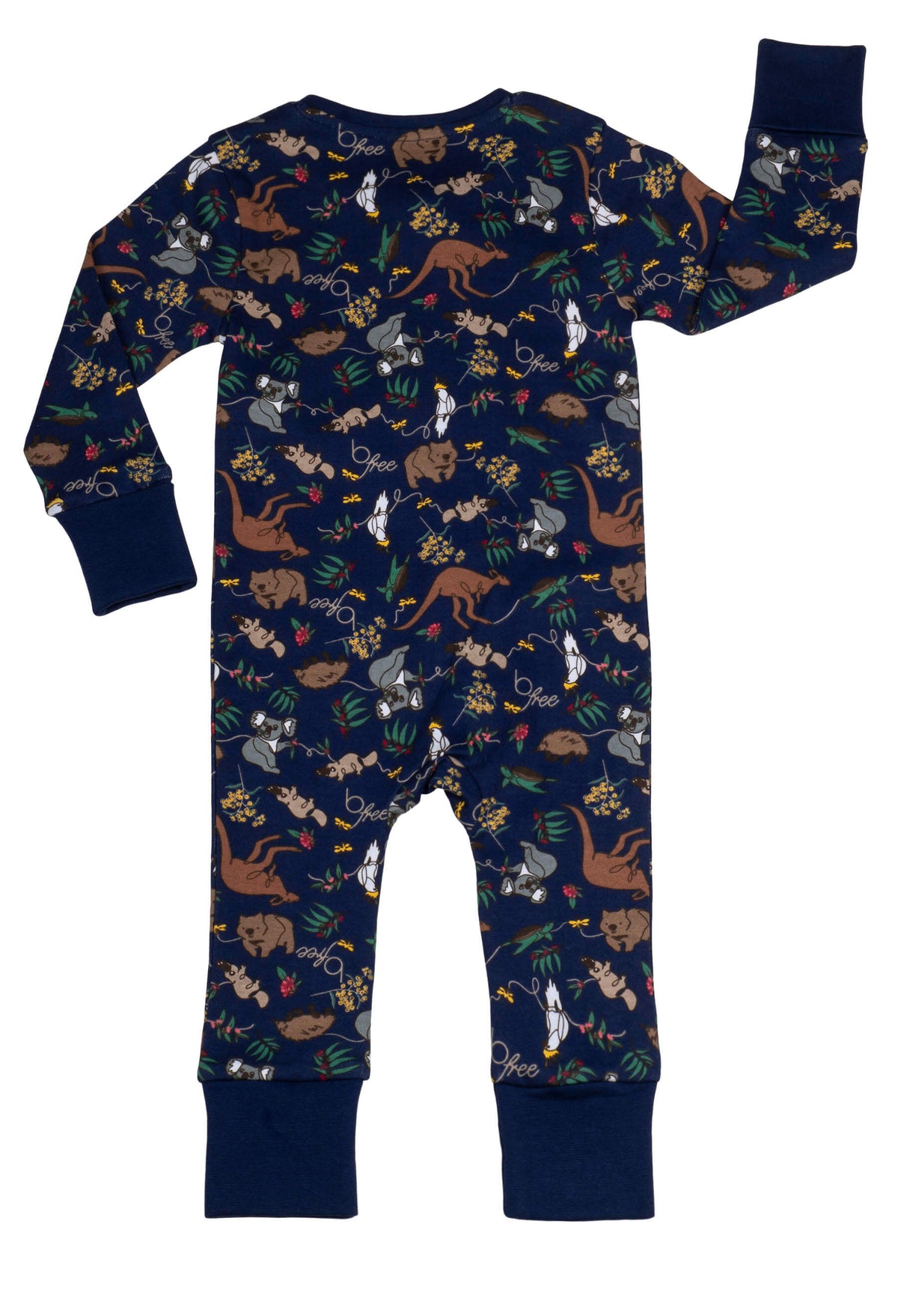 100% Organic Cotton 2-Way Zip Baby Sleepsuit with Foldable Mitts - Navy Native Aussie Animals