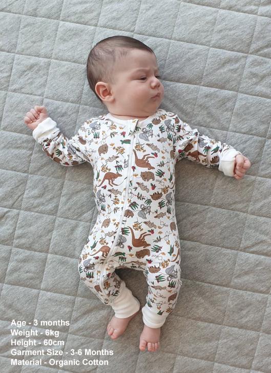 2-Way Zip Baby Sleepsuit with Foldable Mitts - 100% Organic Cotton - Native Aussie Animals